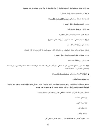 60
‫ﺭﺓ‬/‫ﻤﺴﺘﻘﺭﺓ‬ ‫ﺠﺯﺌﻴﺔ‬ ‫ﻫﺩﺃﺓ‬/‫ﻤﻀﺒﻭﻁﺔ‬ ‫ﺒﻴﺌﺔ‬ ‫ﻓﻲ‬.
‫ﻴﺭ‬(
Cannabis-Induced Diso
‫ﺍﻟﻤﻌﺎﻴﻴﺭ‬ ‫ﻨﻅﺭ‬(
‫ﺃﻫﻼﺴﺎﺕ‬ ‫ﻤﻊ‬ ،‫ﻴﺵ‬)‫ﺍﻟﻤﻌﺎﻴﻴﺭ‬ ‫ﺍﻨﻅﺭ‬(‫ﻜﺎﻥ‬ ‫ﺇﺫﺍ‬ ‫ﺤﺩﺩ‬:‫ﺍﻻ‬ ‫ﺃﺜﻨﺎﺀ‬ ‫ﺒﺩﺍﻴﺔ‬ ‫ﻤﻊ‬‫ﻨﺴﻤﺎﻡ‬.
‫ﻜﺎﻥ‬ ‫ﺇﺫﺍ‬ ‫ﺤﺩﺩ‬:‫ﺍﻻﻨﺴﻤﺎﻡ‬ ‫ﺃﺜﻨﺎﺀ‬ ‫ﺒﺩﺍﻴﺔ‬ ‫ﻤﻊ‬.
292.9‫ﺁﺨﺭ‬ ‫ﻤﻜﺎﻥ‬ ‫ﻓﻲ‬ ‫ﺩ‬‫ﺩ‬‫ﺍﻟﻤﺤ‬ ‫ﻏﻴﺭ‬ ‫ﺒﺎﻟﺤﺸﻴﺵ‬ ‫ﺍﻟﻤﺘﻌﻠﻕ‬ ‫ﺍﻻﻀﻁﺭﺍﺏ‬.‫ﹼﻔﺔ‬‫ﻨ‬‫ﺍﻟﻤﺼ‬ ‫ﻭﻏﻴﺭ‬ ‫ﺍﻟﺤﺸﻴﺵ‬ ‫ﻻﺴﺘﺨﺩﺍﻡ‬ ‫ﺍﻟﻤﺼﺎﺤﺒﺔ‬ ‫ﺒﺎﻻﻀﻁﺭﺍﺒﺎﺕ‬ ‫ﺍﻟﻔﺌﺔ‬ ‫ﻫﺫﻩ‬ ‫ﹸﻌﻨﻰ‬‫ﺘ‬
‫ﺃﻋﻼﻩ‬ ‫ﻭﺭﺓ‬.
A-‫ﻟﻠﺤﺸﻴﺵ‬ ‫ﺤﺩﻴﺙ‬ ‫ﺍﺴﺘﺨﺩﺍﻡ‬.
B-‫ﹰ‬‫ﺎ‬‫ﺴﺭﻴﺭﻴ‬ ‫ﻤﻬﻤﺔ‬ ‫ﻨﻔﺴﻴﺔ‬ ‫ﺘﻐﻴﺭﺍﺕ‬ ‫ﺃﻭ‬ ‫ﻑ‬‫ﻴ‬‫ﺍﻟﺘﻜ‬ ‫ﺴﻴﺌﺔ‬ ‫ﺴﻠﻭﻜﻴﺔ‬ ‫ﺭﺍﺕ‬‫ﻴ‬‫ﺘﻐ‬)‫ﺍﺨﺘﻼل‬ ،‫ﺍﻟﺯﻤﻥ‬ ‫ﺒﺘﺒﺎﻁﺅ‬ ‫ﺇﺤﺴﺎﺱ‬ ،‫ﻗﻠﻕ‬ ،‫ﺸﻤﻕ‬ ،‫ﺍﻟﺤﺭﻜﻲ‬ ‫ﺍﻟﺘﻨﺎﺴﻕ‬ ‫ﺍﺨﺘﻼل‬ ،‫ﻤﺜل‬
‫ﻲ‬ ‫ﺍﻟﻤ‬(‫ﺃﻭ‬ ‫ﺍﻟﺤﺸﻴﺵ‬ ‫ﺍﺴﺘﺨﺩﺍﻡ‬ ‫ﺃﺜﻨﺎﺀ‬ ‫ﺘﻁﻭﺭﺕ‬‫ﻗﺼﻴﺭﺓ‬ ‫ﺒﻤﺩﺓ‬ ‫ﺍﺴﺘﺨﺩﺍﻤﻪ‬ ‫ﺒﻌﺩ‬.
C‫ﺭ‬(‫ﺍﻟﺤﺸﻴﺵ‬ ‫ﺍﺴﺘﺨﺩﺍﻡ‬ ‫ﻤﻥ‬ ‫ﺴﺎﻋﺘﻴﻥ‬ ‫ﻏﻀﻭﻥ‬ ‫ﻓﻲ‬ ‫ﺍﻟﺘﺎﻟﻴﺔ‬ ‫ﺍﻟﻌﻼﻤﺎﺕ‬ ‫ﻤﻥ‬:
‫ﻤﺔ‬.
‫ﻗﻠﺒﻲ‬.
D-‫ﺁﺨﺭ‬ ‫ﻋﻘﻠﻲ‬ ‫ﺍﻀﻁﺭﺍﺏ‬ ‫ﻴﻌﻠﻠﻬﺎ‬ ‫ﻭﻻ‬ ‫ﻋﺎﻤﺔ‬ ‫ﻁﺒﻴﺔ‬ ‫ﺤﺎﻟﺔ‬ ‫ﻋﻥ‬ ‫ﺍﻷﻋﺭﺍﺽ‬ ‫ﺘﻨﺠﻡ‬ ‫ﻻ‬.
‫ﻫﻨﺎﻙ‬ ‫ﻜﺎﻥ‬ ‫ﺇﺫﺍ‬ ‫ﺤﺩﺩ‬:‫ﺒﺎﻜﺭﺓ‬ ‫ﺘﺎﻤﺔ‬ ‫ﻫﺩﺃﺓ‬/‫ﺒﺎﻜﺭﺓ‬ ‫ﺠﺯﺌﻴﺔ‬ ‫ﻫﺩﺃﺓ‬/‫ﻤﺴﺘﻘ‬ ‫ﺘﺎﻤﺔ‬ ‫ﻫﺩﺃﺓ‬
305.20‫ﺍﻟﺤﺸﻴﺵ‬ ‫ﺍﺴﺘﺨﺩﺍﻡ‬ ‫ﺴﻭﺀ‬)‫ﺍﻟﻤﻌﺎﻴ‬ ‫ﺍﻨﻅﺭ‬
‫ﺒﺎﻟﺤﺸﻴﺵ‬ ‫ﺜﺔ‬‫ﺩ‬‫ﺍﻟﻤﺤ‬ ‫ﺍﻻﻀﻁﺭﺍﺒﺎﺕ‬rders
292.89‫ﺒﺎﻟﺤﺸﻴﺵ‬ ‫ﺍﻻﻨﺴﻤﺎﻡ‬)‫ﺍﻟﻤﻌﺎﻴﻴﺭ‬ ‫ﺍﻨﻅﺭ‬(
‫ﻜﺎﻥ‬ ‫ﺇﺫﺍ‬ ‫ﺩ‬‫ﺩ‬‫ﺤ‬:‫ﺇﺩﺭﺍﻜﻴﺔ‬ ‫ﺍﻀﻁﺭﺍﺒﺎﺕ‬ ‫ﻤﻊ‬.
292.81‫ﺒﺎﻟﺤﺸﻴﺵ‬ ‫ﺍﻻﻨﺴﻤﺎﻡ‬ ‫ﻫﺫﻴﺎﻥ‬)‫ﺍ‬
292.11‫ﺃﻭﻫﺎﻡ‬ ‫ﻤﻊ‬ ،‫ﺒﺎﻟﺤﺸﻴﺵ‬ ‫ﻤﺤﺩﺙ‬ ‫ﺫﻫﺎﻨﻲ‬ ‫ﺍﻀﻁﺭﺍﺏ‬)‫ﺍﻟﻤﻌﺎﻴﻴﺭ‬ ‫ﺍﻨﻅﺭ‬(
‫ﻜﺎﻥ‬ ‫ﺇﺫﺍ‬ ‫ﺤﺩﺩ‬:‫ﺍﻻﻨﺴﻤﺎﻡ‬ ‫ﺃﺜﻨﺎﺀ‬ ‫ﺒﺩﺍﻴﺔ‬ ‫ﻤﻊ‬.
292.12‫ﺒﺎﻟﺤﺸ‬ ‫ﻤﺤﺩﺙ‬ ‫ﺫﻫﺎﻨﻲ‬ ‫ﺍﻀﻁﺭﺍﺏ‬
292.89‫ﺒﺎﻟﺤﺸﻴﺵ‬ ‫ﺍﻟﻤﺤﺩﺙ‬ ‫ﺍﻟﻘﻠﻕ‬ ‫ﺍﻀﻁﺭﺍﺏ‬)‫ﺍﻟﻤﻌﺎﻴﻴﺭ‬ ‫ﺍﻨﻅﺭ‬(
‫ﺍﻟﻤﺫﻜ‬ ‫ﺍﻻﻀﻁﺭﺍﺒﺎﺕ‬ ‫ﻤﻥ‬ ‫ﻜﻭﺍﺤﺩﺓ‬
■292.89‫ﺒﺎﻟﺤﺸﻴﺵ‬ ‫ﺍﻻﻨﺴﻤﺎﻡ‬Cannabis Intoxication
‫ﺍﺠﺘﻤﺎﻋ‬ ‫ﺍﻨﺴﺤﺎﺏ‬ ،‫ﺤﺎﻜﻤﺔ‬
-‫ﺍﺜﻨﻴﻥ‬ ‫ﺘﻁﻭﺭ‬)‫ﺃﻜﺜ‬ ‫ﺃﻭ‬
(1)‫ﺍﻟﻤﻠﺘﺤ‬ ‫ﺍﺤﺘﻘﺎﻥ‬
(2)‫ﺍﻟﺸﻬﻴﺔ‬ ‫ﺍﺯﺩﻴﺎﺩ‬.
(3)‫ﺍﻟﻔﻡ‬ ‫ﺠﻔﺎﻑ‬.
(4)‫ﻉ‬‫ﺭ‬‫ﺘﺴ‬
 