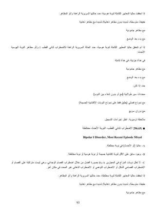93
‫ﻭ‬ ‫ﺍﻟﺭﺍﻫﻨﺔ‬ ‫ﺍﻟﺴﺭﻴﺭﻴﺔ‬ ‫ﺤﺎﻟﺘﻬﺎ‬ ‫ﺩ‬‫ﺩ‬‫ﺤ‬ ،‫ﻫﻭﺴﻴﺔ‬ ‫ﻟﻨﻭﺒﺔ‬ ‫ﺍﻟﻜﺎﻤﻠﺔ‬ ‫ﺍﻟﻤﻌﺎﻴﻴﺭ‬ ‫ﹰ‬‫ﺎ‬‫ﺤﺎﻟﻴ‬ ‫ﺘﺤﻘﻘﺕ‬ ‫ﺇﺫﺍ‬/‫ﺍﻟﻤﻅﺎﻫﺭ‬ ‫ﺃﻭ‬:
‫ﺫﻫﺎﻨﻴﺔ‬ ‫ﻤﻅﺎﻫﺭ‬ ‫ﺒﺩﻭﻥ‬ ‫ﺸﺩﻴﺩﺓ‬ ،‫ﻤﺘﻭﺴﻁﺔ‬ ،‫ﺨﻔﻴﻔﺔ‬/‫ﺫﻫﺎﻨﻴﺔ‬ ‫ﻤﻅﺎﻫﺭ‬ ‫ﻤﻊ‬ ‫ﺸﺩﻴﺩﺓ‬
‫ﺠﺎﻤﻭﺩﻴﺔ‬ ‫ﻤﻅﺎﻫﺭ‬ ‫ﻤﻊ‬
‫ﺍﻟﻭﻀﻊ‬ ‫ﺒﻌﺩ‬ ‫ﺒﺩﺀ‬ ‫ﻤﻊ‬
‫ﺍﻟﺤﺎﻟﺔ‬ ‫ﺩ‬‫ﺩ‬‫ﺤ‬ ،‫ﻫﻭﺴﻴﺔ‬ ‫ﻟﻨﻭﺒﺔ‬ ‫ﺍﻟﻜﺎﻤﻠﺔ‬ ‫ﺍﻟﻤﻌﺎﻴﻴﺭ‬ ‫ﹰ‬‫ﺎ‬‫ﺤﺎﻟﻴ‬ ‫ﺘﺘﺤﻘﻕ‬ ‫ﻟﻡ‬ ‫ﺇﺫﺍ‬‫ﺍﻟﻘﻁﺏ‬ ‫ﺜﻨﺎﺌﻲ‬ ‫ﻟﻼﻀﻁﺭﺍﺏ‬ ‫ﺍﻟﺭﺍﻫﻨﺔ‬ ‫ﺍﻟﺴﺭﻴﺭﻴﺔ‬I‫ﻭ‬/‫ﺍﻟﻬﻭﺴﻴﺔ‬ ‫ﺍﻟﻨﻭﺒﺔ‬ ‫ﻤﻅﺎﻫﺭ‬ ‫ﺃﻭ‬
‫ﺍﻷﺤﺩﺙ‬:
‫ﻜﺎﻤﻠﺔ‬ ‫ﻫﺩﺃﺓ‬ ‫ﻓﻲ‬ ،‫ﺠﺯﺌﻴﺔ‬ ‫ﻫﺩﺃﺓ‬ ‫ﻓﻲ‬
‫ﺠﺎﻤﻭﺩﻴﺔ‬ ‫ﻤﻅﺎﻫﺭ‬ ‫ﻤﻊ‬
‫ﺍﻟﻭﻀﻊ‬ ‫ﺒﻌﺩ‬ ‫ﺒﺩﺀ‬ ‫ﻤﻊ‬
‫ﻜﺎﻥ‬ ‫ﺇﺫﺍ‬ ‫ﺩ‬‫ﺩ‬‫ﺤ‬:
‫ﻁﻭﻻﻨﻴﺔ‬ ‫ﺴﻴﺭ‬ ‫ﺩﺍﺕ‬‫ﺩ‬‫ﻤﺤ‬)‫ﺍﻟﻨﻭﺏ‬ ‫ﺒﻴﻥ‬ ‫ﺸﻔﺎﺀ‬ ‫ﺒﺩﻭﻥ‬ ‫ﺃﻭ‬ ‫ﻤﻊ‬(
‫ﻓﺼﻠﻲ‬ ‫ﻨﻤﻭﺫﺝ‬ ‫ﻤﻊ‬)‫ﺍ‬ ‫ﺍﻻﻜﺘﺌﺎﺒﻴﺔ‬ ‫ﺍﻟﻨﻭﺒﺎﺕ‬ ‫ﻨﻤﻭﺫﺝ‬ ‫ﻋﻠﻰ‬ ‫ﻓﻘﻁ‬ ‫ﻴﻁﺒﻕ‬‫ﻟﺠﺴﻴﻤﺔ‬(
‫ﺴﺭﻴﻊ‬ ‫ﺩﻭﺭﺍﻥ‬ ‫ﻤﻊ‬
‫ﺘﺭﻤﻴﺯﻴﺔ‬ ‫ﻤﻼﺤﻅﺔ‬:‫ﺍﻟﺘﺴﺠﻴل‬ ‫ﺇﺠﺭﺍﺀﺍﺕ‬ ‫ﺍﻨﻅﺭ‬.
■296.6X‫ﻤﺨﺘﻠﻁﺔ‬ ‫ﺍﻷﺤﺩﺙ‬ ‫ﺍﻟﻨﻭﺒﺔ‬ ،‫ﺍﻟﻘﻁﺏ‬ ‫ﺜﻨﺎﺌﻲ‬ ‫ﺍﻻﻀﻁﺭﺍﺏ‬
Bipolar I Disorder, Most Recent Episode Mixed
A-‫ﹰ‬‫ﺎ‬‫ﺤﺎﻟﻴ‬)‫ﺍﻷﺤﺩﺙ‬ ‫ﺃﻭ‬(‫ﻤﺨﺘﻠﻁﺔ‬ ‫ﻨﻭﺒﺔ‬ ‫ﻓﻲ‬.
B-‫ﻫﻭﺴﻴﺔ‬ ‫ﻨﻭﺒﺔ‬ ‫ﺃﻭ‬ ‫ﺠﺴﻴﻤﺔ‬ ‫ﺍﻜﺘﺌﺎﺒﻴﺔ‬ ‫ﻟﻨﻭﺒﺔ‬ ‫ﺍﻷﻗل‬ ‫ﻋﻠﻰ‬ ‫ﺴﺎﺒﻕ‬ ‫ﻭﺠﻭﺩ‬‫ﻤﺨﺘﻠﻁﺔ‬ ‫ﻨﻭﺒﺔ‬ ‫ﺃﻭ‬.
C-‫ﺍﻟﻤﻌﻴﺎﺭﻴﻥ‬ ‫ﻓﻲ‬ ‫ﺍﻟﻤﺯﺍﺝ‬ ‫ﻨﻭﺒﺎﺕ‬ ‫ﹸﻌﻠل‬‫ﺘ‬ ‫ﻻ‬A‫ﻭ‬B‫ﺃﻭ‬ ‫ﺍﻟﻔﺼﺎﻡ‬ ‫ﻋﻠﻰ‬ ‫ﻤﺘﺭﺍﻜﺒﺔ‬ ‫ﻟﻴﺴﺕ‬ ‫ﻭﻫﻲ‬ ،‫ﺍﻟﻭﺠﺩﺍﻨﻲ‬ ‫ﺍﻟﻔﺼﺎﻡ‬ ‫ﺍﻀﻁﺭﺍﺏ‬ ‫ﺨﻼل‬ ‫ﻤﻥ‬ ‫ﺃﻓﻀل‬ ‫ﺒﺼﻭﺭﺓ‬
‫ﺁﺨﺭ‬ ‫ﻤﻜﺎﻥ‬ ‫ﻓﻲ‬ ‫ﺍﻟﻤﺤﺩﺩ‬ ‫ﻏﻴﺭ‬ ‫ﺍﻟﺫﻫﺎﻨﻲ‬ ‫ﺍﻻﻀﻁﺭﺍﺏ‬ ‫ﺃﻭ‬ ‫ﺍﻟﺘﻭﻫﻤﻲ‬ ‫ﺍﻻﻀﻁﺭﺍﺏ‬ ‫ﺃﻭ‬ ‫ﺍﻟﺸﻜل‬ ‫ﺍﻟﻔﺼﺎﻤﻲ‬ ‫ﺍﻻﻀﻁﺭﺍﺏ‬.
‫ﻟ‬ ‫ﺍﻟﻜﺎﻤﻠﺔ‬ ‫ﺍﻟﻤﻌﺎﻴﻴﺭ‬ ‫ﹰ‬‫ﺎ‬‫ﺤﺎﻟﻴ‬ ‫ﺘﺤﻘﻘﺕ‬ ‫ﺇﺫﺍ‬‫ﻭ‬ ‫ﺍﻟﺭﺍﻫﻨﺔ‬ ‫ﺍﻟﺴﺭﻴﺭﻴﺔ‬ ‫ﺤﺎﻟﺘﻬﺎ‬ ‫ﺩ‬‫ﺩ‬‫ﺤ‬ ،‫ﻤﺨﺘﻠﻁﺔ‬ ‫ﻨﻭﺒﺔ‬/‫ﺍﻟﻤﻅﺎﻫﺭ‬ ‫ﺃﻭ‬:
‫ﺫﻫﺎﻨﻴﺔ‬ ‫ﻤﻅﺎﻫﺭ‬ ‫ﺒﺩﻭﻥ‬ ‫ﺸﺩﻴﺩﺓ‬ ،‫ﻤﺘﻭﺴﻁﺔ‬ ،‫ﺨﻔﻴﻔﺔ‬/‫ﺫﻫﺎﻨﻴﺔ‬ ‫ﻤﻅﺎﻫﺭ‬ ‫ﻤﻊ‬ ‫ﺸﺩﻴﺩﺓ‬
‫ﺠﺎﻤﻭﺩﻴﺔ‬ ‫ﻤﻅﺎﻫﺭ‬ ‫ﻤﻊ‬
 