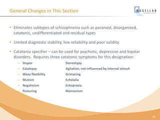 General Changes in This Section
• Eliminates subtypes of schizophrenia such as paranoid, disorganized,
catatonic, undifferentiated and residual types
• Limited diagnostic stability, low reliability and poor validity
• Catatonia specifier – can be used for psychotic, depressive and bipolar
disorders. Requires three catatonic symptoms for this designation:
– Stupor Stereotypy
– Catalepsy Agitation, not influenced by internal stimuli
– Waxy flexibility Grimacing
– Mutism Echolalia
– Negativism Echopraxia
– Posturing Mannerism
30
 