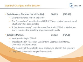 General Changes in this Section
• Social Anxiety Disorder (Social Phobia) 300.23 (F40.10)
– Essential features remain the same
– The “generalized” specifier from DSM-IV (“fears related to most social
situations”) has been deleted
– A “performance only” specifier - new feature in DSM-5; coded when
fear is restricted to speaking or performing in public
• Selective Mutism 312.23 (F94.0)
– New positioning in DSM-5
– Was classified in “Disorders Usually First Diagnosed in Infancy,
Childhood or Adolescence”
– The majority of these children are anxious, so place in this category
– Diagnostic criteria unchanged from DSM-IV
18
 