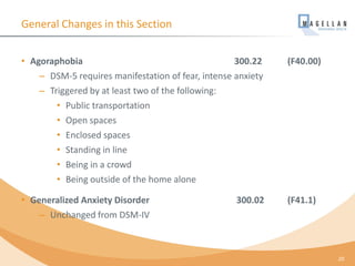 General Changes in this Section
• Agoraphobia 300.22 (F40.00)
– DSM-5 requires manifestation of fear, intense anxiety
– Triggered by at least two of the following:
• Public transportation
• Open spaces
• Enclosed spaces
• Standing in line
• Being in a crowd
• Being outside of the home alone
• Generalized Anxiety Disorder 300.02 (F41.1)
– Unchanged from DSM-IV
20
 
