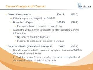 General Changes to this Section
• Dissociative Amnesia 300.12 (F44.0)
– Criteria largely unchanged from DSM-IV
– Dissociative Fugue 300.13 (F44.1)
• Purposeful travel or bewildered wandering
– Associated with amnesia for identity or other autobiographical
information
• No longer a separate diagnosis
• Specifier to diagnosis of dissociative amnesia
• Depersonalization/Derealization Disorder 300.6 (F48.1)
– Derealization included in name and symptom structure of DSM-IV
depersonalization disorder
– In DSM-5, essential feature - persistent or recurrent episodes of
depersonalization, derealization, or both
39
 
