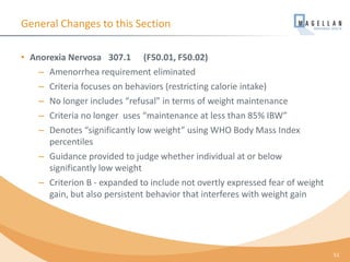 General Changes to this Section
• Anorexia Nervosa 307.1 (F50.01, F50.02)
– Amenorrhea requirement eliminated
– Criteria focuses on behaviors (restricting calorie intake)
– No longer includes “refusal” in terms of weight maintenance
– Criteria no longer uses “maintenance at less than 85% IBW”
– Denotes “significantly low weight” using WHO Body Mass Index
percentiles
– Guidance provided to judge whether individual at or below
significantly low weight
– Criterion B - expanded to include not overtly expressed fear of weight
gain, but also persistent behavior that interferes with weight gain
51
 
