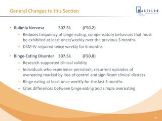 General Changes to this Section
• Bulimia Nervosa 307.51 (F50.2)
– Reduces frequency of binge eating, compensatory behaviors that must
be exhibited at least once/weekly over the previous 3 months
– DSM-IV required twice weekly for 6 months
• Binge-Eating Disorder 307.51 (F50.8)
– Research supported clinical validity
– Individuals who experience persistent, recurrent episodes of
overeating marked by loss of control and significant clinical distress
– Binge eating at least once weekly for the last 3 months
– Cites differences between binge eating and simple overeating
52
 