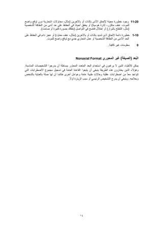 14
20-11‫واضح‬ ‫توقع‬ ‫دون‬ ‫انتحارية‬ ‫محاوالت‬ ،‫(مثال‬ ‫باآلخرين‬ ‫أو‬ ‫بالذات‬ ‫األذى‬ ‫إللحاق‬ ‫معينة‬ ‫خطورة‬ ‫وجود‬
‫الشخصية‬ ‫النظافة‬ ‫من‬ ‫أدنى‬ ‫حد‬ ‫على‬ ‫الحفاظ‬ ‫في‬ ً‫ا‬‫أحيان‬ ‫يخفق‬ ‫أو‬ )‫هوسية‬ ‫إثارة‬ ،‫متكرر‬ ‫عنف‬ ،‫للموت‬
‫في‬ ‫فاضح‬ ‫اختالل‬ ‫أو‬ )‫بالبراز‬ ‫التلطخ‬ ،‫(مثل‬.)‫صامت‬ ‫أو‬ ‫كبيرة‬ ‫بصورة‬ ‫(مفكك‬ ‫التواصل‬
10-1‫على‬ ‫الحفاظ‬ ‫في‬ ‫دائم‬ ‫عجز‬ ‫أو‬ )‫معاود‬ ‫عنف‬ ،‫(مثال‬ ‫باآلخرين‬ ‫أو‬ ‫بالذات‬ ‫شديد‬ ‫أذى‬ ‫إللحاق‬ ‫دائمة‬ ‫خطورة‬
.‫للموت‬ ‫واضح‬ ‫توقع‬ ‫مع‬ ‫جدي‬ ‫انتحاري‬ ‫عمل‬ ‫أو‬ ‫الشخصية‬ ‫النظافة‬ ‫من‬ ‫األدنى‬ ‫الحد‬
0.‫كافية‬ ‫غير‬ ‫معلومات‬
‫ا‬ ‫غير‬ )‫(الصيغة‬ ‫عد‬ُ‫ب‬‫ال‬‫لمحوري‬Nonaxial Format
.‫المناسبة‬ ‫التشخيصات‬ ‫يدرجوا‬ ‫أن‬ ‫ببساطة‬ ‫المحاور‬ ‫المتعدد‬ ‫البعد‬ ‫استخدام‬ ‫في‬ ‫يرغبون‬ ‫ال‬ ‫الذين‬ ‫لألطباء‬ ‫يمكن‬
‫التي‬ ‫االضطرابات‬ ‫مجموع‬ ‫تسجيل‬ ‫في‬ ‫العامة‬ ‫القاعدة‬ ‫يتبعوا‬ ‫أن‬ ‫ينبغي‬ ‫الطريقة‬ ‫هذه‬ ‫يختارون‬ ‫الذين‬ ‫وهؤالء‬
‫وحاالت‬ ‫عقلية‬ ‫اضطرابات‬ ‫من‬ ً‫ا‬‫مع‬ ‫تتواجد‬‫بالشخص‬ ‫بالعناية‬ ‫صلة‬ ‫لها‬ ‫أن‬ ‫طالما‬ ‫أخرى‬ ‫وعوامل‬ ‫عامة‬ ‫طبية‬
.ً‫ال‬‫أو‬ ‫الزيارة‬ ‫سبب‬ ‫أو‬ ‫الرئيسي‬ ‫التشخيص‬ ‫يدرج‬ ‫أن‬ ‫وينبغي‬ .‫وبعالجه‬
 