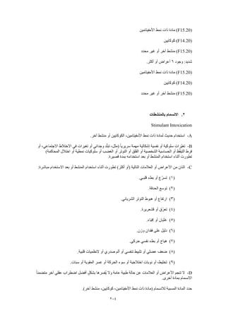 204
(F15.20‫األمفيتامين‬ ‫نمط‬ ‫ذات‬ ‫مادة‬ )
(F14.20‫كوكايين‬ )
(F15.20‫محدد‬ ‫غير‬ ‫أو‬ ‫آخر‬ ‫منشط‬ )
‫وجود‬ :‫شديد‬6.‫أكثر‬ ‫أو‬ ‫أعراض‬
(F15.20‫األمفيتامين‬ ‫نمط‬ ‫ذات‬ ‫مادة‬ )
(F14.20‫كوكايين‬ )
(F15.20‫محدد‬ ‫غير‬ ‫أو‬ ‫آخر‬ ‫منشط‬ )
2.‫بالمنشطات‬ ‫االنسمام‬
Stimulant Intoxication
A-.‫آخر‬ ‫منشط‬ ‫أو‬ ‫الكوكايين‬ ،‫األمفيتامين‬ ‫نمط‬ ‫ذات‬ ‫لمادة‬ ‫حديث‬ ‫استخدام‬
B-‫أو‬ ،‫االجتماعي‬ ‫االختالط‬ ‫في‬ ‫تغيرات‬ ‫أو‬ ‫وجداني‬ ‫د‬ّ‫ل‬‫تب‬ ،‫(مثل‬ ً‫ا‬‫سريري‬ ‫مهمة‬ ‫إشكالية‬ ‫نفسية‬ ‫أو‬ ‫سلوكية‬ ‫ّرات‬‫ي‬‫تغ‬
‫أ‬ ‫ظ‬ّ‫ق‬‫التي‬ ‫فرط‬)‫المحاكمة‬ ‫اختالل‬ ‫أو‬ ‫نمطية‬ ‫سلوكيات‬ ‫أو‬ ‫الغضب‬ ‫أو‬ ‫التوتر‬ ‫أو‬ ‫القلق‬ ‫أو‬ ‫الشخصية‬ ‫الحساسية‬ ‫و‬
.‫قصيرة‬ ‫بمدة‬ ‫استخدامه‬ ‫بعد‬ ‫أو‬ ‫المنشط‬ ‫استخدام‬ ‫أثناء‬ ‫تطورت‬
C-:‫مباشرة‬ ‫االستخدام‬ ‫بعد‬ ‫أو‬ ‫المنشط‬ ‫استخدام‬ ‫أثناء‬ ‫تطورت‬ )‫أكثر‬ ‫(أو‬ ‫التالية‬ ‫العالمات‬ ‫أو‬ ‫األعراض‬ ‫من‬ ‫اثنان‬
(1)‫أو‬ ‫ّع‬‫ر‬‫تس‬.‫قلبـي‬ ‫بطء‬
(2).‫الحدقة‬ ‫توسع‬
(3).‫الشرياني‬ ‫التوتر‬ ‫هبوط‬ ‫أو‬ ‫ارتفاع‬
(4).‫قشعريرة‬ ‫أو‬ ‫تعرّق‬
(5).‫إقياء‬ ‫أو‬ ‫غثيان‬
(6).‫وزن‬ ‫فقدان‬ ‫على‬ ‫دليل‬
(7).‫حركي‬ ‫نفسي‬ ‫بطء‬ ‫أو‬ ‫هياج‬
(8).‫قلبية‬ ‫النظميات‬ ‫أو‬ ‫صدري‬ ‫ألم‬ ‫أو‬ ‫تنفسي‬ ‫تثبيط‬ ‫أو‬ ‫عضلي‬ ‫ضعف‬
(9)‫أو‬ ‫اختالجية‬ ‫نوبات‬ ‫أو‬ ،‫تخليط‬.‫سبات‬ ‫أو‬ ‫المقوية‬ ‫عسر‬ ‫أو‬ ‫الحركة‬ ‫سوء‬
D-ً‫ا‬‫متضمن‬ ‫آخر‬ ‫عقلي‬ ‫اضطراب‬ ‫أفضل‬ ٍ‫ل‬‫بشك‬ ‫ُفسرها‬‫ي‬ ‫وال‬ ‫عامة‬ ‫طبية‬ ‫حالة‬ ‫عن‬ ‫العالمات‬ ‫أو‬ ‫األعراض‬ ‫تنجم‬ ‫ال‬
.‫أخرى‬ ‫بمادة‬ ‫االنسمام‬
.)‫آخر‬ ‫منشط‬ ،‫كوكايين‬ ،‫األمفيتامين‬ ‫نمط‬ ‫ذات‬ ‫(مادة‬ ‫لالنسمام‬ ‫المسببة‬ ‫المادة‬ ‫حدد‬
 
