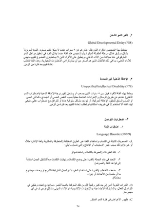 25
2.‫الشامل‬ ‫النمو‬ ‫تأخر‬
Global Developmental Delay (F88)
‫عن‬ ‫أعمارهم‬ ‫تقل‬ ‫الذين‬ ‫لألفراد‬ ‫التشخيص‬ ‫بهذا‬ ‫يحتفظ‬5‫السريرية‬ ‫الشدة‬ ‫مستوى‬ ‫تقييم‬ ‫يمكن‬ ‫ال‬ ‫عندما‬ ‫سنوات‬
‫مرحلة‬ ‫خالل‬ ‫موثوق‬ ٍ‫ل‬‫بشك‬‫النمو‬ ‫مراحل‬ ‫تحقيق‬ ‫في‬ ‫الفرد‬ ‫يفشل‬ ‫عندما‬ ‫الفئة‬ ‫هذه‬ ‫تشخيص‬ ‫يتم‬ .‫المبكرة‬ ‫الطفولة‬
‫منهجي‬ ‫لتقييم‬ ‫الخضوع‬ ‫يستطيعون‬ ‫ال‬ ‫الذين‬ ‫األفراد‬ ‫على‬ ‫وينطبق‬ ،‫الذهني‬ ‫األداء‬ ‫من‬ ‫مجاالت‬ ‫عدة‬ ‫في‬ ‫المتوقع‬
‫المعياري‬ ‫االختبارات‬ ‫في‬ ‫يشاركوا‬ ‫أن‬ ‫من‬ ‫أصغر‬ ‫هم‬ ‫الذين‬ ‫األطفال‬ ‫ذلك‬ ‫في‬ ‫بما‬ ،‫الذهني‬ ‫لألداء‬‫تتطلب‬ ‫الفئة‬ ‫وهذه‬ .‫ة‬
.‫الزمن‬ ‫من‬ ‫فترة‬ ‫بعد‬ ‫تقييم‬ ‫إعادة‬
3.‫المحددة‬ ‫غير‬ ‫الذهنية‬ ‫اإلعاقة‬
Unspecified Intellectual Disability (F79)
‫سن‬ ‫فوق‬ ‫لألفراد‬ ‫الفئة‬ ‫بهذه‬ ‫يحتفظ‬5‫النمو‬ ‫(اضطراب‬ ‫الذهنية‬ ‫اإلعاقة‬ ‫درجة‬ ‫تقييم‬ ‫يستحيل‬ ‫أو‬ ‫يصعب‬ ‫الذين‬ ‫سنوات‬
‫الوسائل‬ ‫طريق‬ ‫عن‬ ‫عندهم‬ )‫الذهني‬‫العمى‬ ‫في‬ ‫كما‬ ،‫الجسدي‬ ‫أو‬ ‫الحسي‬ ‫النقص‬ ‫بسبب‬ ً‫ا‬‫محلي‬ ‫المتاحة‬ ‫واإلجراءات‬
‫ينبغي‬ .‫عقلي‬ ‫اضطراب‬ ‫مع‬ ‫للترافق‬ ‫أو‬ ‫حادة‬ ‫سلوكية‬ ‫مشاكل‬ ‫لتواجد‬ ‫أو‬ ،‫الحركية‬ ‫اإلعاقة‬ ،‫للنطق‬ ‫السابق‬ ‫الصمم‬ ‫أو‬
.‫الزمن‬ ‫من‬ ‫فترة‬ ‫بعد‬ ‫التقييم‬ ‫إعادة‬ ‫وتتطلب‬ ‫استثنائية‬ ‫ظروف‬ ‫في‬ ‫إال‬ ‫تستخدم‬ ‫أال‬ ‫الفئة‬ ‫لهذه‬
2-‫ا‬‫التواصل‬ ‫ضطرابات‬
1.‫اللغة‬ ‫اضطراب‬
Language Disorder (F80.9)
A-،ً‫ال‬‫مث‬ ‫اإلشارة‬ ‫ولغة‬ ‫والمكتوبة‬ ‫(المنطوقة‬ ‫المختلفة‬ ‫الطرق‬ ‫عبر‬ ‫اللغة‬ ‫واستخدام‬ ‫اكتساب‬ ‫في‬ ‫الثابتة‬ ‫الصعوبات‬
:‫يلي‬ ‫ما‬ ‫تشمل‬ ‫والتي‬ ‫اإلنتاج‬ ‫أو‬ ‫االستيعاب‬ ‫عجز‬ ‫بسبب‬ ‫وذلك‬ )‫غيرها‬ ‫أو‬
1-‫(المعرفة‬ ‫المفردات‬ ‫قلة‬.)‫واستخدامها‬ ‫بالكلمات‬
2-ً‫ا‬‫استناد‬ ‫الجمل‬ ‫لتشكيل‬ ً‫ا‬‫مع‬ ‫الكلمات‬ ‫ونهايات‬ ‫الكلمات‬ ‫وضع‬ ‫على‬ ‫(القدرة‬ ‫الجملة‬ ‫بناء‬ ‫في‬ ‫التحدد‬
.)‫والصرف‬ ‫اللغة‬ ‫قواعد‬ ‫إلى‬
3-‫موضوع‬ ‫وصف‬ ‫أو‬ ‫لشرح‬ ‫المترابطة‬ ‫والجمل‬ ‫المفردات‬ ‫استخدام‬ ‫على‬ ‫(القدرة‬ ‫التخاطب‬ ‫ضعف‬
‫إجراء‬ ‫أو‬ ‫األحداث‬ ‫من‬ ‫سلسلة‬ ‫أو‬ ‫ما‬
‫م‬.)‫حادثة‬
B-‫في‬ ‫وظيفي‬ ‫لتحدد‬ ‫يؤدي‬ ‫مما‬ ،‫للعمر‬ ‫بالنسبة‬ ‫المتوقعة‬ ‫تلك‬ ‫من‬ ‫أقل‬ ً‫ا‬‫وكمي‬ ‫كبير‬ ‫حد‬ ‫إلى‬ ‫أدنى‬ ‫اللغوية‬ ‫القدرات‬
‫أي‬ ‫في‬ ‫أو‬ ‫فردي‬ ٍ‫بشكل‬ ،‫المهني‬ ‫األداء‬ ‫أو‬ ،‫األكاديمية‬ ‫واإلنجازات‬ ،‫االجتماعية‬ ‫والمشاركة‬ ،‫الفعال‬ ‫التواصل‬
.‫مجموعة‬
C-.‫المبكر‬ ‫النمو‬ ‫فترة‬ ‫في‬ ‫األعراض‬ ‫ظهور‬
 