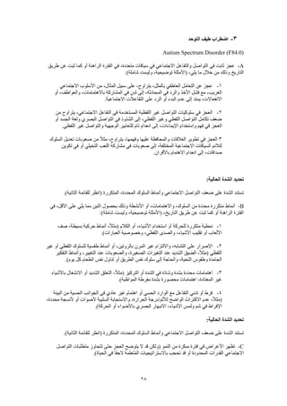28
3-‫التوحد‬ ‫طيف‬ ‫اضطراب‬
Autism Spectrum Disorder (F84.0)
A-‫طريق‬ ‫عن‬ ‫ثبت‬ ‫كما‬ ‫أو‬ ‫الراهنة‬ ‫الفترة‬ ‫في‬ ،‫متعددة‬ ‫سياقات‬ ‫في‬ ‫االجتماعي‬ ‫والتفاعل‬ ‫التواصل‬ ‫في‬ ‫ثابت‬ ‫عجز‬
‫التاريخ‬:)‫شاملة‬ ‫وليست‬ ،‫توضيحية‬ ‫(األمثلة‬ ،‫يلي‬ ‫ما‬ ‫خالل‬ ‫من‬ ‫وذلك‬
1-‫االجتماعي‬ ‫األسلوب‬ ‫من‬ ،‫المثال‬ ‫سبيل‬ ‫على‬ ،‫يتراوح‬ ،‫بالمثل‬ ‫العاطفي‬ ‫التعامل‬ ‫عن‬ ‫عجز‬
‫أو‬ ،‫والعواطف‬ ،‫باالهتمامات‬ ‫المشاركة‬ ‫في‬ ٍ‫ن‬‫تد‬ ‫إلى‬ ،‫المحادثة‬ ‫في‬ ‫والرد‬ ‫األخذ‬ ‫فشل‬ ‫مع‬ ،‫الغريب‬
‫أو‬ ‫البدء‬ ‫عدم‬ ‫إلى‬ ‫يمتد‬ ،‫االنفعاالت‬.‫االجتماعية‬ ‫التفاعالت‬ ‫على‬ ‫الرد‬
2-‫من‬ ‫يتراوح‬ ،‫االجتماعي‬ ‫التفاعل‬ ‫في‬ ‫المستخدمة‬ ‫اللفظية‬ ‫غير‬ ‫التواصل‬ ‫سلوكيات‬ ‫في‬ ‫العجز‬
‫أو‬ ‫الجسد‬ ‫ولغة‬ ‫البصري‬ ‫التواصل‬ ‫في‬ ‫الشذوذ‬ ‫إلى‬ ،‫اللفظي‬ ‫وغير‬ ‫اللفظي‬ ‫التواصل‬ ‫تكامل‬ ‫ضعف‬
‫ال‬ ‫للتعابير‬ ‫تام‬ ‫انعدام‬ ‫إلى‬ ،‫اإليماءات‬ ‫واستخدام‬ ‫فهم‬ ‫في‬ ‫العجز‬.‫اللفظي‬ ‫غير‬ ‫والتواصل‬ ‫وجهية‬
3‫السلوك‬ ‫تعديل‬ ‫صعوبات‬ ‫من‬ ً‫ال‬‫مث‬ ،‫يتراوح‬ ،‫وفهمها‬ ‫عليها‬ ‫والمحافظة‬ ‫العالقات‬ ‫تطوير‬ ‫في‬ ‫العجز‬
‫تكوين‬ ‫في‬ ‫أو‬ ‫التخيلي‬ ‫اللعب‬ ‫مشاركة‬ ‫في‬ ‫صعوبات‬ ‫إلى‬ ،‫المختلفة‬ ‫االجتماعية‬ ‫السياقات‬ ‫لتالئم‬
.‫باألقران‬ ‫االهتمام‬ ‫انعدام‬ ‫إلى‬ ،‫صداقات‬
‫الحالي‬ ‫الشدة‬ ‫تحديد‬:‫ة‬
.)‫الثانية‬ ‫للقائمة‬ ‫(انظر‬ ‫المتكررة‬ ،‫المحددة‬ ‫السلوك‬ ‫وأنماط‬ ‫االجتماعي‬ ‫التواصل‬ ‫ضعف‬ ‫على‬ ‫الشدة‬ ‫تستند‬
B-‫في‬ ،‫األقل‬ ‫على‬ ‫يلي‬ ‫مما‬ ‫اثنين‬ ‫بحصول‬ ‫وذلك‬ ‫األنشطة‬ ‫أو‬ ،‫واالهتمامات‬ ،‫السلوك‬ ‫من‬ ‫محددة‬ ‫متكررة‬ ‫أنماط‬
‫و‬ ،‫توضيحية‬ ‫(األمثلة‬ ،‫التاريخ‬ ‫طريق‬ ‫عن‬ ‫ثبت‬ ‫كما‬ ‫أو‬ ‫الراهنة‬ ‫الفترة‬:)‫شاملة‬ ‫ليست‬
1-‫صف‬ ،‫بسيطة‬ ‫حركية‬ ‫أنماط‬ ،ً‫ال‬‫(مث‬ ‫الكالم‬ ‫أو‬ ،‫األشياء‬ ‫استخدام‬ ‫أو‬ ‫للحركة‬ ‫متكررة‬ ‫نمطية‬
.)‫العبارات‬ ‫وخصوصية‬ ،‫اللفظي‬ ‫والصدى‬ ،‫األشياء‬ ‫تقليب‬ ‫أو‬ ‫األلعاب‬
2-‫غير‬ ‫أو‬ ‫اللفظي‬ ‫للسلوك‬ ‫طقسية‬ ‫أنماط‬ ‫أو‬ ،‫بالروتين‬ ‫المرن‬ ‫غير‬ ‫وااللتزام‬ ،‫التشابه‬ ‫على‬ ‫اإلصرار‬
‫اللفظي‬‫التفكير‬ ‫وأنماط‬ ،‫التغيير‬ ‫عند‬ ‫والصعوبات‬ ،‫الصغيرة‬ ‫التغيرات‬ ‫عند‬ ‫الشديد‬ ‫الضيق‬ ،ً‫ال‬‫(مث‬
.)‫يوم‬ ‫كل‬ ‫الطعام‬ ‫نفس‬ ‫تناول‬ ‫أو‬ ‫الطريق‬ ‫نفس‬ ‫سلوك‬ ‫إلى‬ ‫والحاجة‬ ،‫التحية‬ ‫وطقوس‬ ‫الجامدة‬
3-‫باألشياء‬ ‫االنشغال‬ ‫أو‬ ‫الشديد‬ ‫التعلق‬ ،ً‫ال‬‫(مث‬ ‫التركيز‬ ‫أو‬ ‫الشدة‬ ‫في‬ ‫وشاذة‬ ‫بشدة‬ ‫محددة‬ ‫اهتمامات‬
.)‫المواظبة‬ ‫مفرطة‬ ‫بشدة‬ ‫محصورة‬ ‫اهتمامات‬ ،‫المعتادة‬ ‫غير‬
4-‫البيئة‬ ‫من‬ ‫الحسية‬ ‫الجوانب‬ ‫في‬ ‫عادي‬ ‫غير‬ ‫اهتمام‬ ‫أو‬ ‫الحسي‬ ‫الوارد‬ ‫مع‬ ‫التفاعل‬ ‫تدني‬ ‫أو‬ ‫فرط‬
،‫محددة‬ ‫ألنسجة‬ ‫أو‬ ‫ألصوات‬ ‫السلبية‬ ‫واالستجابة‬ ،‫الحرارة‬ ‫لأللم/درجة‬ ‫الواضح‬ ‫االكتراث‬ ‫عدم‬ ،ً‫ال‬‫(مث‬
‫األشيا‬ ‫ولمس‬ ‫شم‬ ‫في‬ ‫اإلفراط‬.)‫الحركة‬ ‫أو‬ ‫باألضواء‬ ‫البصري‬ ‫االنبهار‬ ،‫ء‬
:‫الحالية‬ ‫الشدة‬ ‫تحديد‬
.)‫الثانية‬ ‫للقائمة‬ ‫(انظر‬ ‫المتكررة‬ ،‫المحددة‬ ‫السلوك‬ ‫وأنماط‬ ‫االجتماعي‬ ‫التواصل‬ ‫ضعف‬ ‫على‬ ‫الشدة‬ ‫تستند‬
C-‫التواصل‬ ‫متطلبات‬ ‫تتجاوز‬ ‫حتى‬ ‫العجز‬ ‫يتوضح‬ ‫ال‬ ‫قد‬ ‫(ولكن‬ ‫النمو‬ ‫من‬ ‫مبكرة‬ ‫فترة‬ ‫في‬ ‫األعراض‬ ‫تظهر‬
‫االجتماعي‬.)‫الحياة‬ ‫في‬ ً‫ا‬‫الحق‬ ‫تعلمة‬ُ‫م‬‫ال‬ ‫باالستراتيجيات‬ ‫تحجب‬ ‫قد‬ ‫أو‬ ‫المحدودة‬ ‫القدرات‬
 