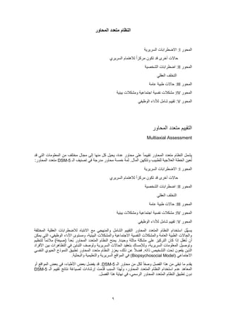 9
‫المحاور‬ ‫متعدد‬ ‫النظام‬
‫المحور‬I‫السريرية‬ ‫االضطرابات‬ :
‫السريري‬ ‫لالهتمام‬ ً‫ا‬‫مركز‬ ‫تكون‬ ‫قد‬ ‫أخرى‬ ‫حاالت‬
‫المحور‬II‫الشخصية‬ ‫اضطرابات‬ :
‫العقلي‬ ‫التخلف‬
‫المحور‬III:‫عامة‬ ‫طبية‬ ‫حاالت‬
‫المحور‬IV‫بيئية‬ ‫ومشكالت‬ ‫اجتماعية‬ ‫نفسية‬ ‫مشكالت‬ :
‫المحور‬V‫الوظيفي‬ ‫لألداء‬ ‫شامل‬ ‫تقييم‬ :
‫المحاور‬ ‫متعدد‬ ‫التقييم‬
Multiaxial Assessment
‫قد‬ ‫التي‬ ‫المعلومات‬ ‫من‬ ‫مختلف‬ ‫مجال‬ ‫إلى‬ ‫منها‬ ‫كل‬ ‫يحيل‬ ،‫عدة‬ ‫محاور‬ ‫على‬ ً‫ا‬‫تقييم‬ ‫المحاور‬ ‫متعدد‬ ‫النظام‬ ‫يشمل‬
‫الـ‬ ‫تصنيف‬ ‫في‬ ‫مدرجة‬ ‫محاور‬ ‫خمسة‬ ‫ثمة‬ .‫المآل‬ ‫وتتكهن‬ ‫للطبيب‬ ‫العالجية‬ ‫الخطة‬ ‫عين‬ُ‫ت‬DSM-5:‫المحاور‬ ‫متعدد‬
‫المحور‬I‫السريرية‬ ‫االضطرابات‬ :
‫م‬ ‫تكون‬ ‫قد‬ ‫أخرى‬ ‫حاالت‬‫السريري‬ ‫لالهتمام‬ ً‫ا‬‫ركز‬
‫المحور‬II‫الشخصية‬ ‫اضطرابات‬ :
‫العقلي‬ ‫التخلف‬
‫المحور‬III‫عامة‬ ‫طبية‬ ‫حاالت‬ :
‫المحور‬IV‫بيئية‬ ‫ومشكالت‬ ‫اجتماعية‬ ‫نفسية‬ ‫مشكالت‬ :
‫المحور‬V‫الوظيفي‬ ‫لألداء‬ ‫شامل‬ ‫تقييم‬ :
‫المختلفة‬ ‫العقلية‬ ‫لالضطرابات‬ ‫االنتباه‬ ‫مع‬ ‫والمنهجي‬ ‫الشامل‬ ‫التقييم‬ ‫المحاور‬ ‫المتعدد‬ ‫النظام‬ ‫استخدام‬ ‫ِّل‬‫ه‬‫يس‬
‫يمكن‬ ‫التي‬ ،‫الوظيفي‬ ‫األداء‬ ‫ومستوى‬ ،‫البيئية‬ ‫والمشكالت‬ ‫االجتماعية‬ ‫النفسية‬ ‫والمشكالت‬ ‫العامة‬ ‫الطبية‬ ‫والحاالت‬
‫ي‬ .‫وحيدة‬ ‫ماثلة‬ ‫مشكلة‬ ‫على‬ ‫التركيز‬ ‫كان‬ ‫إذا‬ ‫ل‬َ‫ف‬‫غ‬ُ‫ت‬ ‫أن‬‫لتنظيم‬ ً‫ا‬‫مالئم‬ )‫(صيغة‬ ً‫ا‬‫ُعد‬‫ب‬ ‫المحاور‬ ‫المتعدد‬ ‫النظام‬ ‫منح‬
‫األفراد‬ ‫بين‬ ‫التظاهرات‬ ‫في‬ ‫التباين‬ ‫ولوصف‬ ‫السريرية‬ ‫الحاالت‬ ‫بتعقيد‬ ‫ولإلمساك‬ ،‫السريرية‬ ‫المعلومات‬ ‫وتوصيل‬
‫النفسي‬ ‫الحيوي‬ ‫النموذج‬ ‫تطبيق‬ ‫المحاور‬ ‫متعدد‬ ‫النظام‬ ‫يعزز‬ ،‫ذلك‬ ‫عن‬ ً‫ال‬‫فض‬ .‫ذاته‬ ‫التشخيص‬ ‫تحت‬ ‫يقعون‬ ‫الذين‬
‫اال‬‫جتماعي‬(Biopsychosocial Model).‫والبحثية‬ ‫والتعليمية‬ ‫السريرية‬ ‫المواقع‬ ‫في‬
‫الـ‬ ‫محاور‬ ‫من‬ ‫لكل‬ ً‫ا‬‫وصف‬ ‫الفصل‬ ‫هذا‬ ‫من‬ ‫تبقى‬ ‫ما‬ ‫يقدم‬DSM-5‫أو‬ ‫المواقع‬ ‫بعض‬ ‫في‬ ،‫األطباء‬ ‫بعض‬ ‫يفضل‬ ‫قد‬ .
‫تقيي‬ ‫نتائج‬ ‫لصياغة‬ ‫إرشادات‬ ‫مت‬ِّ‫د‬ُ‫ق‬ ‫السبب‬ ‫ولهذا‬ ،‫المحاور‬ ‫المتعدد‬ ‫النظام‬ ‫استخدام‬ ‫عدم‬ ‫المعاهد‬‫الـ‬ ‫م‬DSM-5
.‫الفصل‬ ‫هذا‬ ‫نهاية‬ ‫في‬ ،‫الرسمي‬ ‫المحاور‬ ‫المتعدد‬ ‫النظام‬ ‫تطبيق‬ ‫دون‬
 