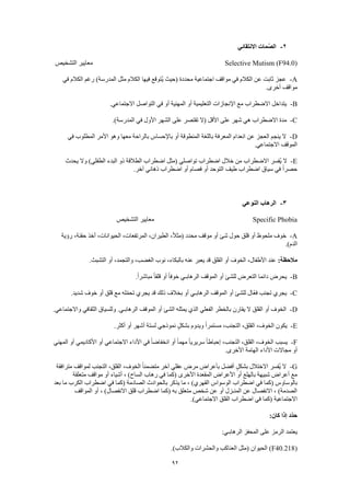 92
2-‫االنتقائي‬ ‫مات‬ُ‫ص‬‫ال‬
Selective Mutism (F94.0)‫التشخيص‬ ‫معايير‬
A-‫في‬ ‫الكالم‬ ‫رغم‬ )‫المدرسة‬ ‫مثل‬ ‫الكالم‬ ‫فيها‬ ‫ُتوقع‬‫ي‬ ‫(حيث‬ ‫محددة‬ ‫اجتماعية‬ ‫مواقف‬ ‫في‬ ‫الكالم‬ ‫عن‬ ‫ثابت‬ ‫عجز‬
.‫أخرى‬ ‫مواقف‬
B-.‫االجتماعي‬ ‫التواصل‬ ‫في‬ ‫أو‬ ‫المهنية‬ ‫أو‬ ‫التعليمية‬ ‫اإلنجازات‬ ‫مع‬ ‫االضطراب‬ ‫يتداخل‬
C-‫عل‬ ‫تقتصر‬ ‫(ال‬ ‫األقل‬ ‫على‬ ‫شهر‬ ‫هي‬ ‫االضطراب‬ ‫مدة‬.)‫المدرسة‬ ‫في‬ ‫األول‬ ‫الشهر‬ ‫ى‬
D-‫في‬ ‫المطلوب‬ ‫األمر‬ ‫وهو‬ ‫معها‬ ‫بالراحة‬ ‫باإلحساس‬ ‫أو‬ ‫المنطوقة‬ ‫باللغة‬ ‫المعرفة‬ ‫انعدام‬ ‫عن‬ ‫العجز‬ ‫ينجم‬ ‫ال‬
.‫االجتماعي‬ ‫الموقف‬
E-‫يحدث‬ ‫وال‬ )‫الطفلي‬ ‫البدء‬ ‫ذو‬ ‫الطالقة‬ ‫اضطراب‬ ‫(مثل‬ ‫تواصلي‬ ‫اضطراب‬ ‫خالل‬ ‫من‬ ‫االضطراب‬ ‫ُفسر‬‫ي‬ ‫ال‬
‫طي‬ ‫اضطراب‬ ‫سياق‬ ‫في‬ ً‫ا‬‫حصر‬.‫آخر‬ ‫ذهاني‬ ‫اضطراب‬ ‫أو‬ ‫فصام‬ ‫أو‬ ‫التوحد‬ ‫ف‬
3-‫النوعي‬ ‫الرهاب‬
Specific Phobia‫التشخيص‬ ‫معايير‬
A-‫رؤية‬ ،‫حقنة‬ ‫أخذ‬ ،‫الحيوانات‬ ،‫المرتفعات‬ ،‫الطيران‬ ،ً‫ال‬‫(مث‬ ‫محدد‬ ‫موقف‬ ‫أو‬ ‫شئ‬ ‫حول‬ ‫قلق‬ ‫أو‬ ‫ملحوظ‬ ‫خوف‬
.)‫الدم‬
:‫مالحظة‬.‫التشبث‬ ‫أو‬ ،‫والتجمد‬ ،‫الغضب‬ ‫نوب‬ ،‫بالبكاء‬ ‫عنه‬ ‫يعبر‬ ‫قد‬ ‫القلق‬ ‫أو‬ ‫الخوف‬ ،‫األطفال‬ ‫عند‬
B-.ً‫ا‬‫مباشر‬ ً‫ا‬‫قلق‬ ‫أو‬ ً‫ا‬‫خوف‬ ‫الرهابـي‬ ‫الموقف‬ ‫أو‬ ‫للشئ‬ ‫التعرض‬ ‫دائما‬ ‫يحرض‬
C-.‫شديد‬ ‫خوف‬ ‫أو‬ ‫قلق‬ ‫مع‬ ‫له‬ّ‫م‬‫تح‬ ‫يجري‬ ‫قد‬ ‫ذلك‬ ‫بخالف‬ ‫أو‬ ‫الرهابـي‬ ‫الموقف‬ ‫أو‬ ‫للشئ‬ ‫ّال‬‫ع‬‫ف‬ ‫تجنب‬ ‫يجري‬
D-‫أو‬ ‫الخوف‬.‫واالجتماعي‬ ‫الثقافي‬ ‫وللسياق‬ .‫الرهابـي‬ ‫الموقف‬ ‫أو‬ ‫الشئ‬ ‫يمثله‬ ‫الذي‬ ‫الفعلي‬ ‫بالخطر‬ ‫يقارن‬ ‫ال‬ ‫القلق‬
E-.‫أكثر‬ ‫أو‬ ‫أشهر‬ ‫لستة‬ ‫نموذجي‬ ٍ‫ل‬‫بشك‬ ‫ويدوم‬ ً‫ا‬‫مستمر‬ ،‫التجنب‬ ،‫القلق‬ ،‫الخوف‬ ‫يكون‬
F-‫أ‬ ‫االجتماعي‬ ‫األداء‬ ‫في‬ ً‫ا‬‫انخفاض‬ ‫أو‬ ً‫ا‬‫مهم‬ ً‫ا‬‫سريري‬ ً‫ا‬‫إحباط‬ ،‫التجنب‬ ،‫القلق‬ ،‫الخوف‬ ‫يسبب‬‫المهني‬ ‫أو‬ ‫األكاديمي‬ ‫و‬
.‫األخرى‬ ‫الهامة‬ ‫األداء‬ ‫مجاالت‬ ‫أو‬
G-‫مترافقة‬ ‫لمواقف‬ ‫التجنب‬ ،‫القلق‬ ،‫الخوف‬ ً‫ا‬‫متضمن‬ ‫آخر‬ ‫عقلي‬ ‫مرض‬ ‫بأعراض‬ ‫أفضل‬ ٍ‫ل‬‫بشك‬ ‫االختالل‬ ‫ُفسر‬‫ي‬ ‫ال‬
‫متعلقة‬ ‫مواقف‬ ‫أو‬ ‫أشياء‬ ، )‫الساح‬ ‫رهاب‬ ‫في‬ ‫(كما‬ ‫األخرى‬ ‫المقعدة‬ ‫األعراض‬ ‫أو‬ ‫بالهلع‬ ‫شبيهة‬ ‫أعراض‬ ‫مع‬
‫(كما‬ ‫بالوساوس‬‫بعد‬ ‫ما‬ ‫الكرب‬ ‫اضطراب‬ ‫في‬ ‫(كما‬ ‫الصادمة‬ ‫بالحوادث‬ ‫يذكر‬ ‫ما‬ ، )‫القهري‬ ‫الوسواس‬ ‫اضطراب‬ ‫في‬
‫المواقف‬ ‫أو‬ ، )‫االنفصال‬ ‫قلق‬ ‫اضطراب‬ ‫(كما‬ ‫به‬ ‫متعلق‬ ‫شخص‬ ‫عن‬ ‫أو‬ ‫المنـزل‬ ‫عن‬ ‫االنفصال‬ ، )‫الصدمة‬
.)‫االجتماعي‬ ‫القلق‬ ‫اضطراب‬ ‫في‬ ‫(كما‬ ‫االجتماعية‬
:‫كان‬ ‫إذا‬ ‫ّد‬‫د‬‫ح‬
‫الرها‬ ‫المحفز‬ ‫على‬ ‫الرمز‬ ‫يعتمد‬:‫بـي‬
(F40.218.)‫والكالب‬ ‫والحشرات‬ ‫العناكب‬ ‫(مثل‬ ‫الحيوان‬ )
 