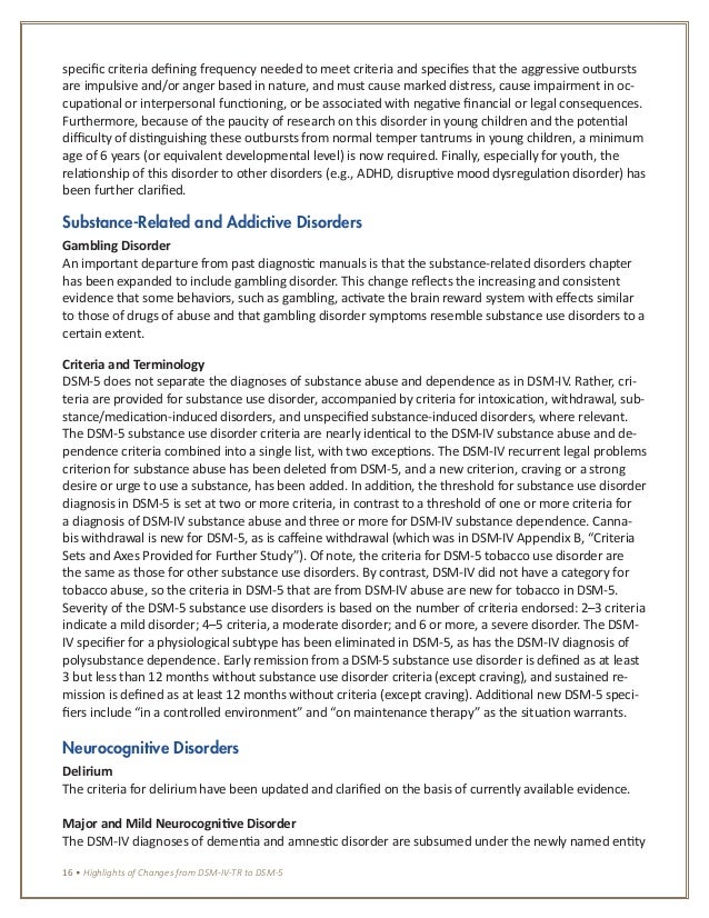 DSM 5 changes (APA 2013) Highlighted changes from the DSM