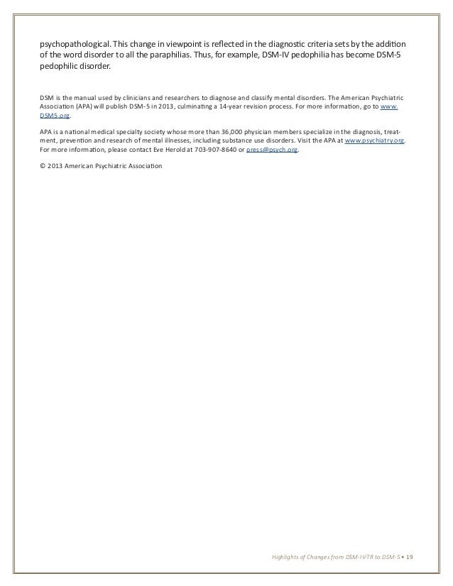DSM 5 changes (APA 2013) Highlighted changes from the DSM