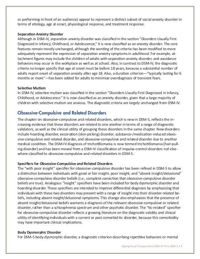 DSM 5 changes (APA 2013) Highlighted changes from the DSM
