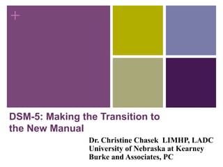 +
DSM-5: Making the Transition to
the New Manual
Dr. Christine Chasek LIMHP, LADC
University of Nebraska at Kearney
Burke and Associates, PC
 