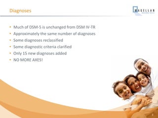 • Much of DSM-5 is unchanged from DSM IV-TR
• Approximately the same number of diagnoses
• Some diagnoses reclassified
• S...