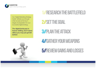CLOUDSPOTTING
digital marketing strategy guide
Our ‘Digital Marketing Strategy
Guide’ will take you through
what we see as the key 5
stages of preparation for your
successful digital strategy.
The digital landscape is
forever shifting. Don’t stand
still as you may just get left
behind.
1//ResearchtheBattlefield
2//Setthegoal
3//Plantheattack
4//Gatheryourweapons
5//Reviewgainsandlosses
 