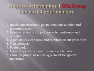1. Initial conversation to get to know one another and
determine need.
2. Establish scope of project , expected outcomes and
schedule.
3. Agree on fees, expenses and reimbursement procedure.
4. Sign contract.
5. Begin work.
6. Establish periodic measures and benchmarks.
7. Closeout project or renew agreement for specific
timeframe.

 