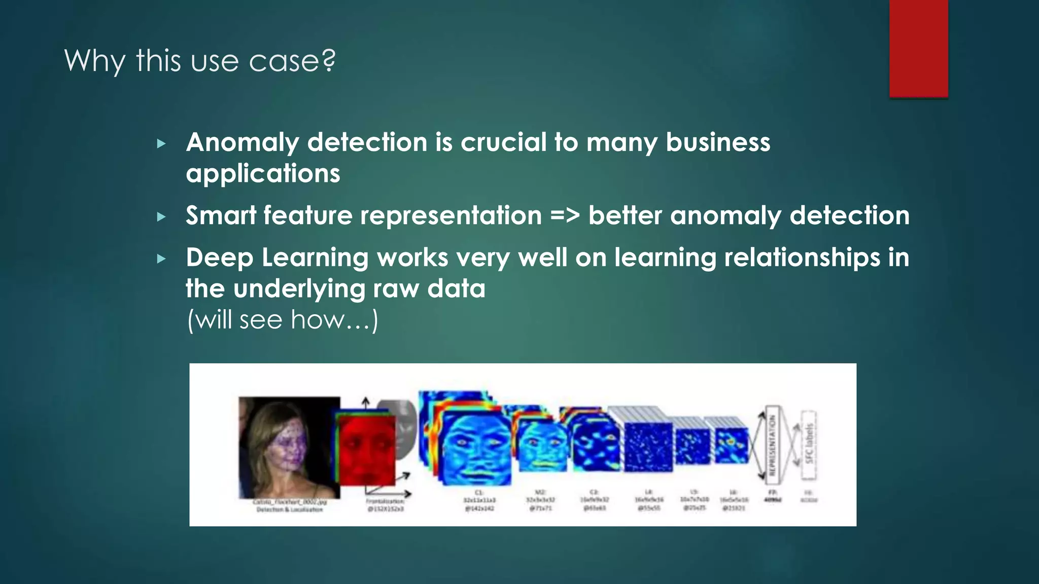 Why this use case?
▶ Anomaly detection is crucial to many business
applications
▶ Smart feature representation => better anomaly detection
▶ Deep Learning works very well on learning relationships in
the underlying raw data
(will see how…)
 