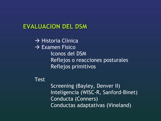 EVALUACION DEL DSMEVALUACION DEL DSM
 Historia Clinica
 Examen Fisico
Iconos del DSM
Reflejos o reacciones posturales
Reflejos primitivos
Test
Screening (Bayley, Denver II)
Inteligencia (WISC-R, Sanford-Binet)
Conducta (Conners)
Conductas adaptativas (Vineland)
 