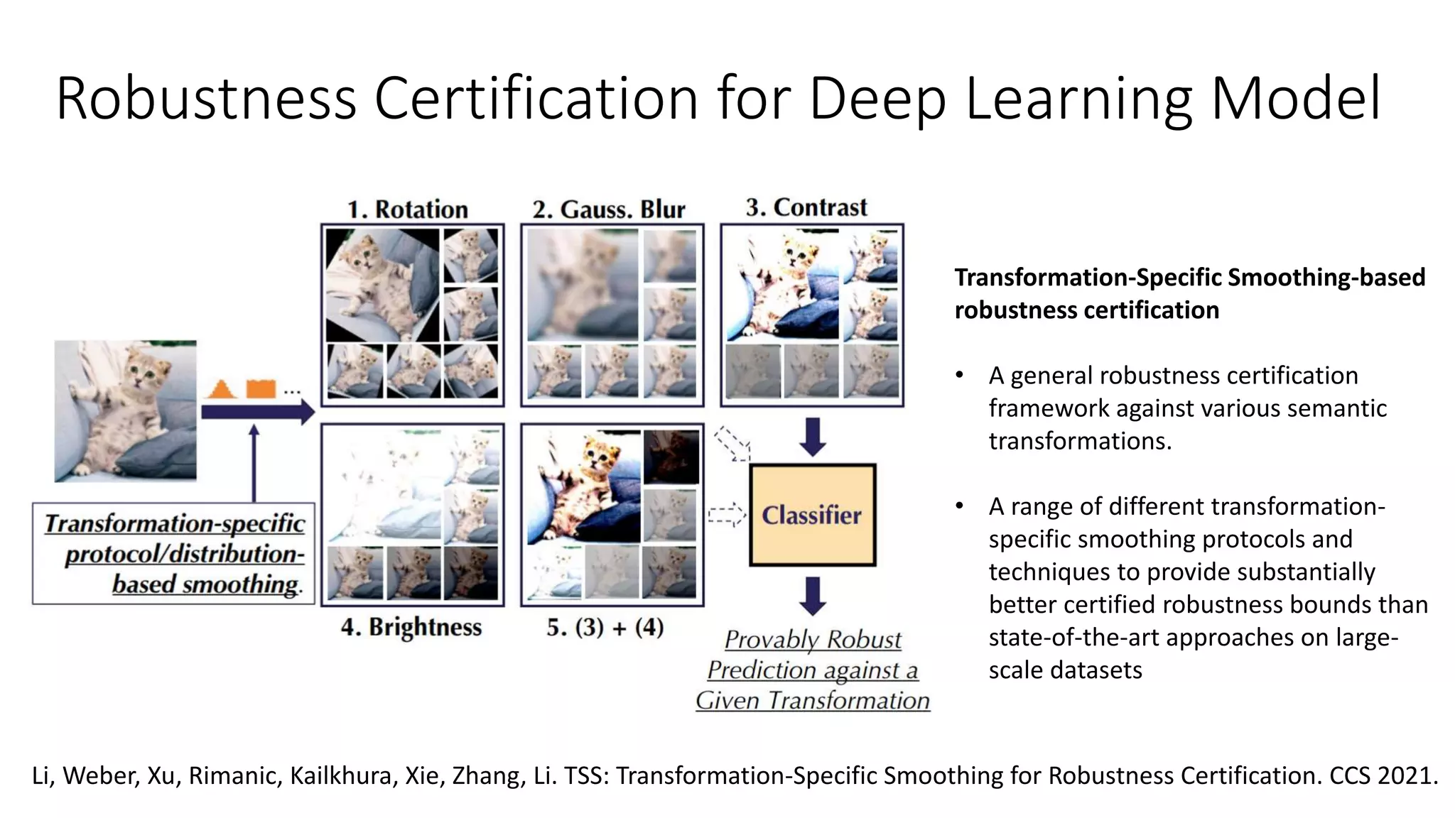 Robustness Certification for Deep Learning Model
Li, Weber, Xu, Rimanic, Kailkhura, Xie, Zhang, Li. TSS: Transformation-Specific Smoothing for Robustness Certification. CCS 2021.
Transformation-Specific Smoothing-based
robustness certification
• A general robustness certification
framework against various semantic
transformations.
• A range of different transformation-
specific smoothing protocols and
techniques to provide substantially
better certified robustness bounds than
state-of-the-art approaches on large-
scale datasets
 