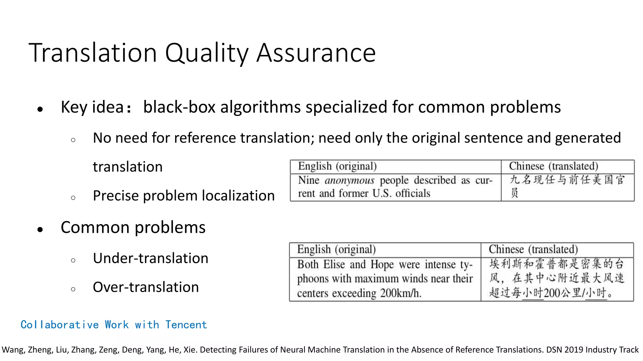 Translation Quality Assurance
● Key idea：black-box algorithms specialized for common problems
○ No need for reference translation; need only the original sentence and generated
translation
○ Precise problem localization
● Common problems
○ Under-translation
○ Over-translation
Collaborative Work with Tencent
Wang, Zheng, Liu, Zhang, Zeng, Deng, Yang, He, Xie. Detecting Failures of Neural Machine Translation in the Absence of Reference Translations. DSN 2019 Industry Track
 