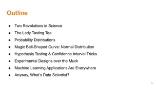 Outline
● Two Revolutions in Science
● The Lady Tasting Tea
● Probability Distributions
● Magic Bell-Shaped Curve: Normal Distribution
● Hypothesis Testing & Confidence Interval Tricks
● Experimental Designs over the Muck
● Machine Learning Applications Are Everywhere
● Anyway, What’s Data Scientist?
3
 