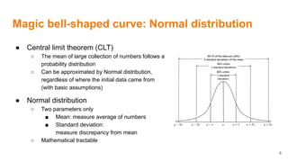 Magic bell-shaped curve: Normal distribution
● Central limit theorem (CLT)
○ The mean of large collection of numbers follows a
probability distribution
○ Can be approximated by Normal distribution,
regardless of where the initial data came from
(with basic assumptions)
● Normal distribution
○ Two parameters only
■ Mean: measure average of numbers
■ Standard deviation:
measure discrepancy from mean
○ Mathematical tractable
8
 