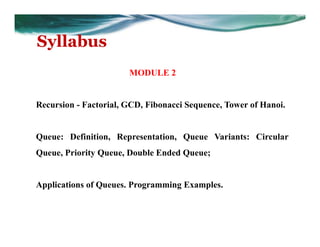 Syllabus
MODULE 2
Recursion - Factorial, GCD, Fibonacci Sequence, Tower of Hanoi.
Queue: Definition, Representation, Queue Variants: Circular
Queue, Priority Queue, Double Ended Queue;
Applications of Queues. Programming Examples.
 