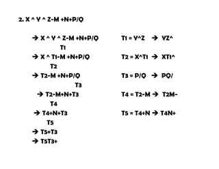 2. X ^ Y ^ Z-M +N+P/Q
 X ^ Y ^ Z-M +N+P/Q T1 = Y^Z  YZ^
T1
 X ^ T1-M +N+P/Q T2 = X^T1  XT1^
T2
 T2-M +N+P/Q T3 = P/Q  PQ/
T3
 T2-M+N+T3 T4 = T2-M  T2M-
T4
 T4+N+T3 T5 = T4+N  T4N+
T5
 T5+T3
 T5T3+
 