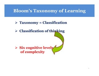 7
Bloom’s Taxonomy of Learning
 Taxonomy = Classification
 Classification of thinking
 Six cognitive levels
of complexity
 