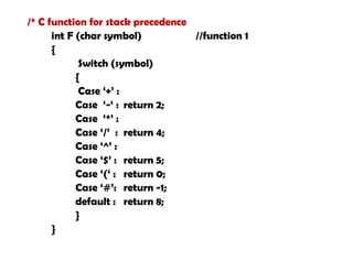 /* C function for stack precedence
int F (char symbol) //function 1
{
Switch (symbol)
{
Case ‘+’ :
Case ‘-‘ : return 2;
Case ‘*’ :
Case ‘/’ : return 4;
Case ‘^’ :
Case ‘$’ : return 5;
Case ‘(‘ : return 0;
Case ‘#’: return -1;
default : return 8;
}
}
 