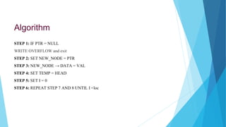 Algorithm
STEP 1: IF PTR = NULL
WRITE OVERFLOW and exit
STEP 2: SET NEW_NODE = PTR
STEP 3: NEW_NODE → DATA = VAL
STEP 4: SET TEMP = HEAD
STEP 5: SET I = 0
STEP 6: REPEAT STEP 7 AND 8 UNTIL I <loc
 