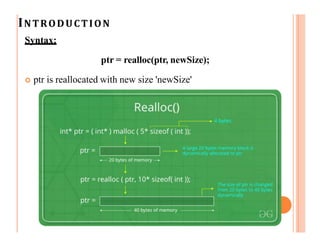 INTRODUCTION
Syntax:
ptr = realloc(ptr, newSize);
 ptr is reallocated with new size 'newSize'
 