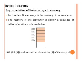 INTRODUCTION
Representation of linear arrays in memory
 Let LA be a linear array in the memory of the computer.
 The memory of the computer is simply a sequence of
address location as shown below:
LOC (LA [K]) = address of the element LA [K] of the array LA
 