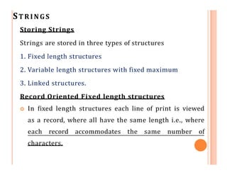 STRINGS
Storing Strings
Strings are stored in three types of structures
1. Fixed length structures
2. Variable length structures with fixed maximum
3. Linked structures.
Record Oriented Fixed length structures
 In fixed length structures each line of print is viewed
as a record, where all have the same length i.e., where
each record accommodates the same number of
characters.
 