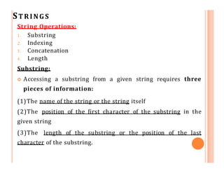 STRINGS
String Operations:
1. Substring
2. Indexing
3. Concatenation
4. Length
Substring:
 Accessing a substring from a given string requires three
pieces of information:
(1)The name of the string or the string itself
(2)The position of the first character of the substring in the
given string
(3)The length of the substring or the position of the last
character of the substring.
 
