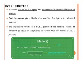 INTRODUCTION
calloc() :
 “calloc” or “contiguous allocation” method in C is used to
dynamically allocate the specified nu...