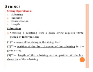 STRINGS
Syntax:
SUBSTRING (string, initial, length)
The syntax denote the substring of a string S beginning in
a position ...