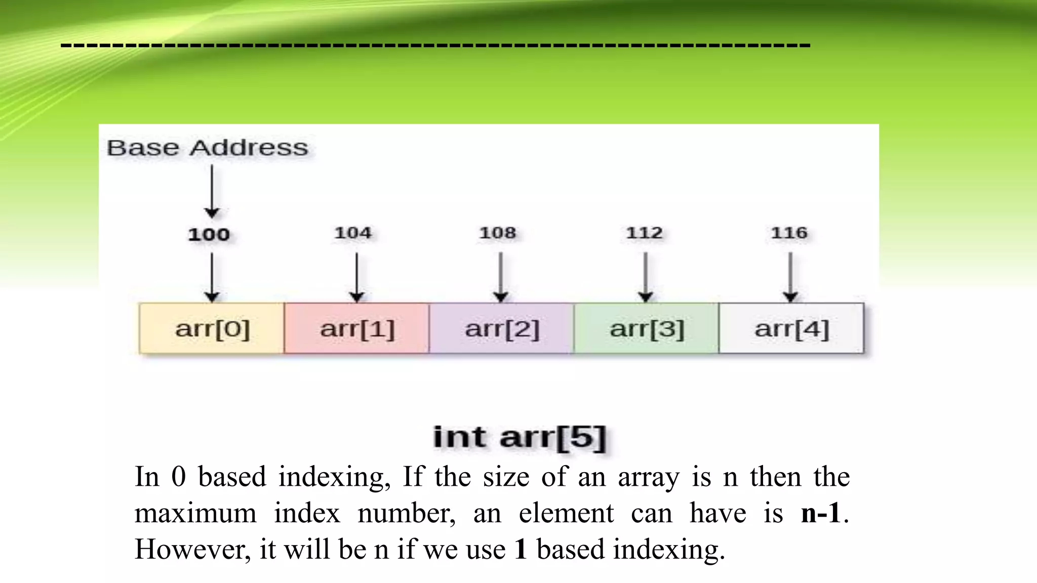 ----------------------------------------------------------
In 0 based indexing, If the size of an array is n then the
maximum index number, an element can have is n-1.
However, it will be n if we use 1 based indexing.
 