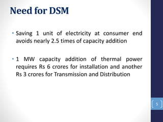 Need for DSM
• Saving 1 unit of electricity at consumer end
avoids nearly 2.5 times of capacity addition
• 1 MW capacity addition of thermal power
requires Rs 6 crores for installation and another
Rs 3 crores for Transmission and Distribution
5
 