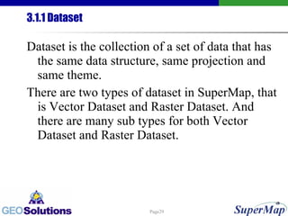 3.1.1 Dataset Dataset is the collection of a set of data that has the same data structure, same projection and same theme. There are two types of dataset in SuperMap, that is Vector Dataset and Raster Dataset. And there are many sub types for both Vector Dataset and Raster Dataset. 