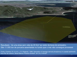 Resultado:  há uma área sem vida de 20 Km 2  ao redor da boca do emissário. São 11.000 ton de porcaria assentadas no fundo que o mar não consegue processar. Fonte:  Carreira, R. S. & A. L. R. Wagener, 1998.   Speciation of sewage derived phosphorus in coastal sediments from Rio de Janeiro, Brazil   Marine Pollution Bulletin , 36 (10): 818-827. 