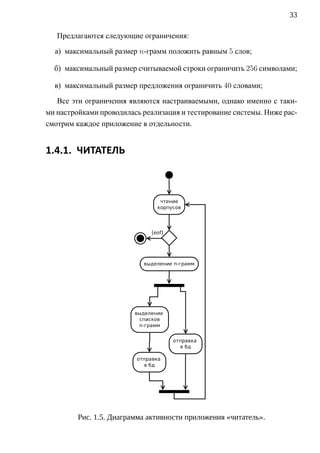 33

   Предлагаются следующие ограничения:

  а) максимальный размер n-грамм положить равным 5 слов;

  б) максимальный размер считываемой строки ограничить 256 символами;

  в) максимальный размер предложения ограничить 40 словами;

   Все эти ограничения являются настраиваемыми, однако именно с таки-
ми настройками проводилась реализация и тестирование системы. Ниже рас-
смотрим каждое приложение в отдельности.


1.4.1. ЧИТАТЕЛЬ




         Рис. 1.5. Диаграмма активности приложения «читатель».
 