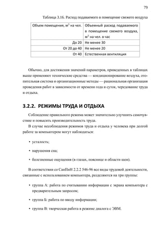 79

           Таблица 3.16. Расход подаваемого в помещение свежего воздуха

     Объем помещения, м3 на чел. Объемный расход подаваемого
                                 в помещение свежего воздуха,
                                 м3 на чел. в час
                             До 20 Не менее 30
                       От 20 до 40 Не менее 20
                             От 40 Естественная вентиляция



   Обычно, для достижения значений параметров, приведенных в таблицах
выше применяют технические средства — кондиционирование воздуха, ото-
пительная система и организационные методы — рациональная организация
проведения работ в зависимости от времени года и суток, чередование труда
и отдыха.


3.2.2. РЕЖИМЫ ТРУДА И ОТДЫХА
   Соблюдение правильного режима может значительно улучшить самочув-
ствие и повысить производительность труда.
   В случае несоблюдения режимов труда и отдыха у человека при долгой
работе за компьютером могут наблюдаться:

   • усталость;

   • нарушения сна;

   • болезненные ощущения (в глазах, пояснице и области шеи).

   В соответствии со СанПиН 2.2.2 546-96 все виды трудовой деятельности,
связанные с использованием компьютера, разделяются на три группы:

   • группа А: работа по считыванию информации с экрана компьютера с
     предварительным запросом;

   • группа Б: работа по вводу информации;

   • группа В: творческая работа в режиме диалога с ЭВМ.
 