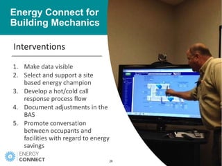 Energy Connect for
Building Mechanics
1. Make data visible
2. Select and support a site
based energy champion
3. Develop a hot/cold call
response process flow
4. Document adjustments in the
BAS
5. Promote conversation
between occupants and
facilities with regard to energy
savings
Interventions
28
 
