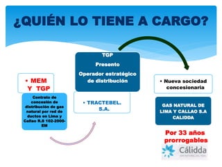 ¿QUIÉN LO TIENE A CARGO?
• MEM
Y TGP
Contrato de
concesión de
distribución de gas
natural por red de
ductos en Lima y
Callao R.S 102-2000-
EM
• TRACTEBEL.
S.A.
TGP
Presento
Operador estratégico
de distribución • Nueva sociedad
concesionaria
GAS NATURAL DE
LIMA Y CALLAO S.A
CALIDDA
Por 33 años
prorrogables
 