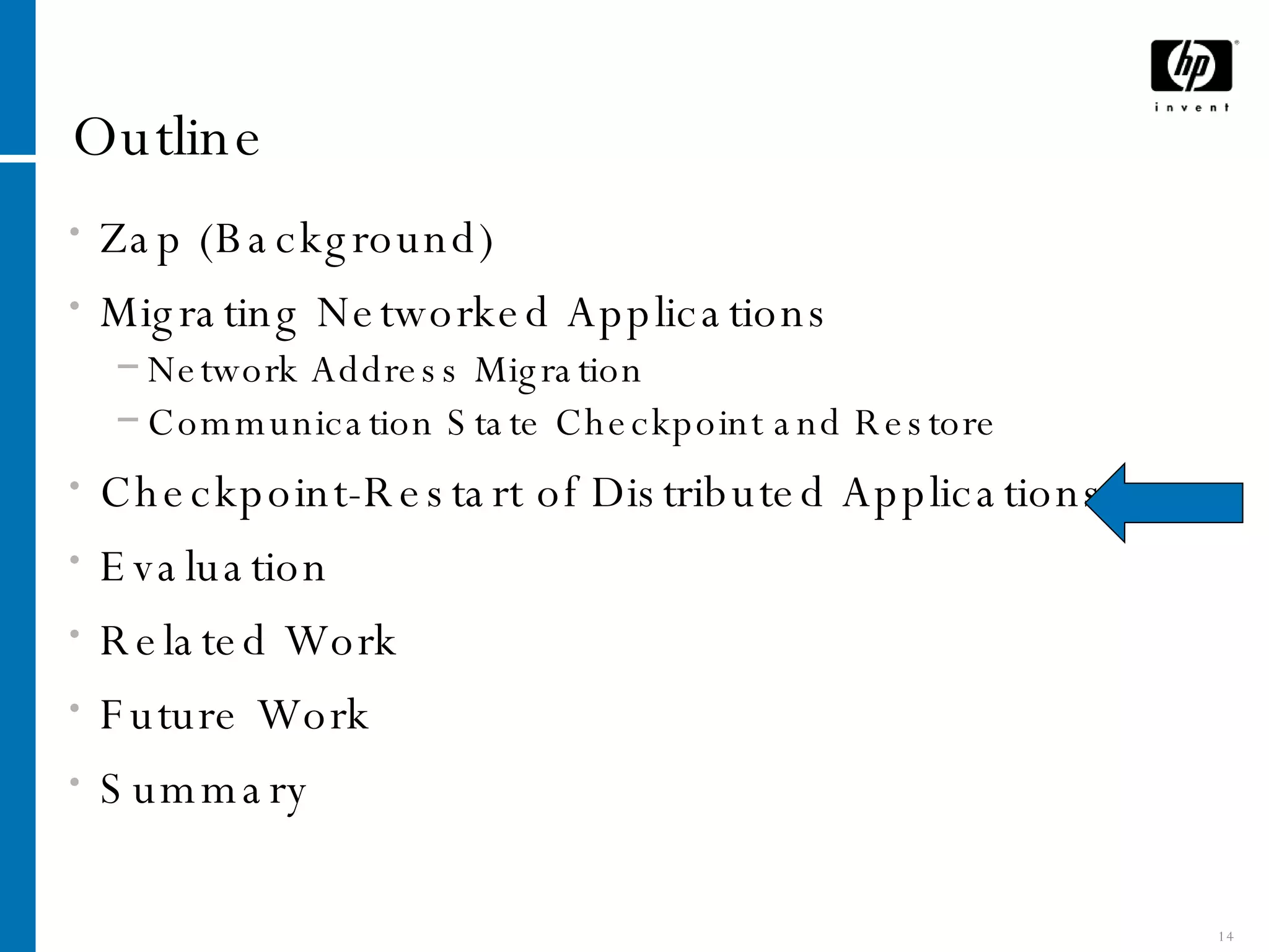 Outline Zap (Background) Migrating Networked Applications Network Address Migration Communication State Checkpoint and Restore Checkpoint-Restart of Distributed Applications Evaluation Related Work Future Work Summary 