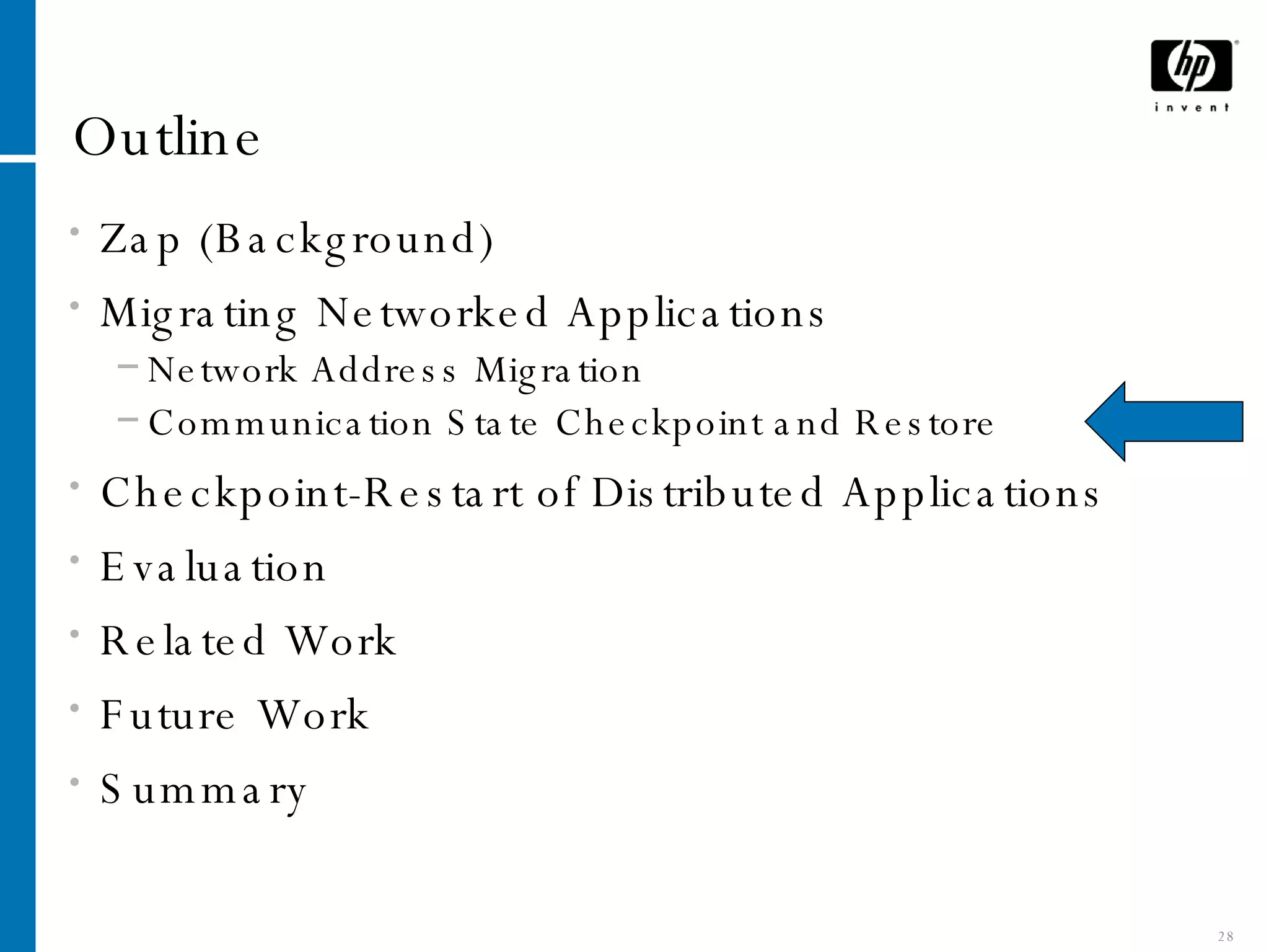 Outline Zap (Background) Migrating Networked Applications Network Address Migration Communication State Checkpoint and Restore Checkpoint-Restart of Distributed Applications Evaluation Related Work Future Work Summary 