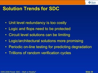 Solution Trends for SDC

    • Unit level redundancy is too costly
    • Logic and flops need to be protected
    • Circuit level solutions can be limiting
    • Logic/architectural solutions more promising
    • Periodic on-line testing for predicting degradation
    • Trillions of random verification cycles



DSN 2008 Panel: SDC – Myth or Reality?               Slide 39
 