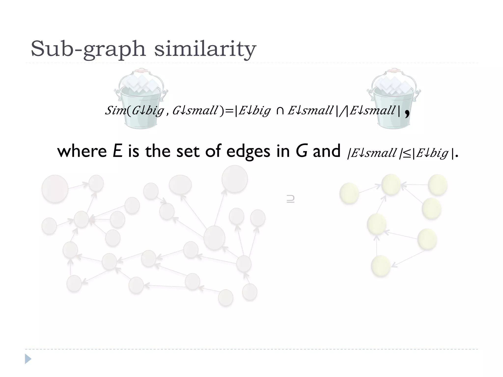 Sub-graph similarity

         !"#(​%↓'"( ,  ​%↓*#+,, )=​|​-↓'"(   ∩​  -↓*#+,, |/|​-↓*#+,, |    ,
  where E is the set of edges in G and |​-↓*#+,, |≤|​-↓'"( |.

                                              ⊇
 